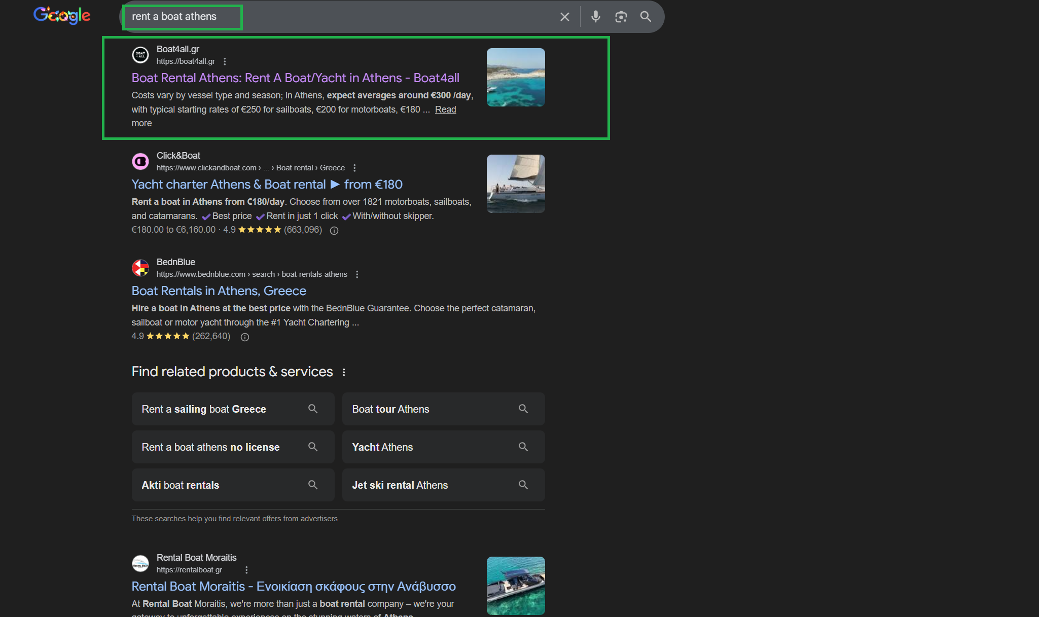 Google Search Result - boat rental service