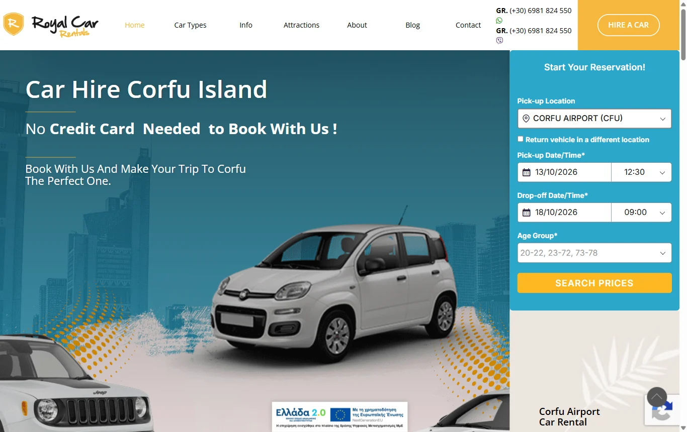 Royal Cars Rental, η σελίδα που εμφανίζεται στη θέση 2 της Google για «corfu car rental»