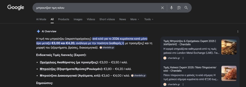 Χάρδαλης - μπρούτζος τιμή κιλού