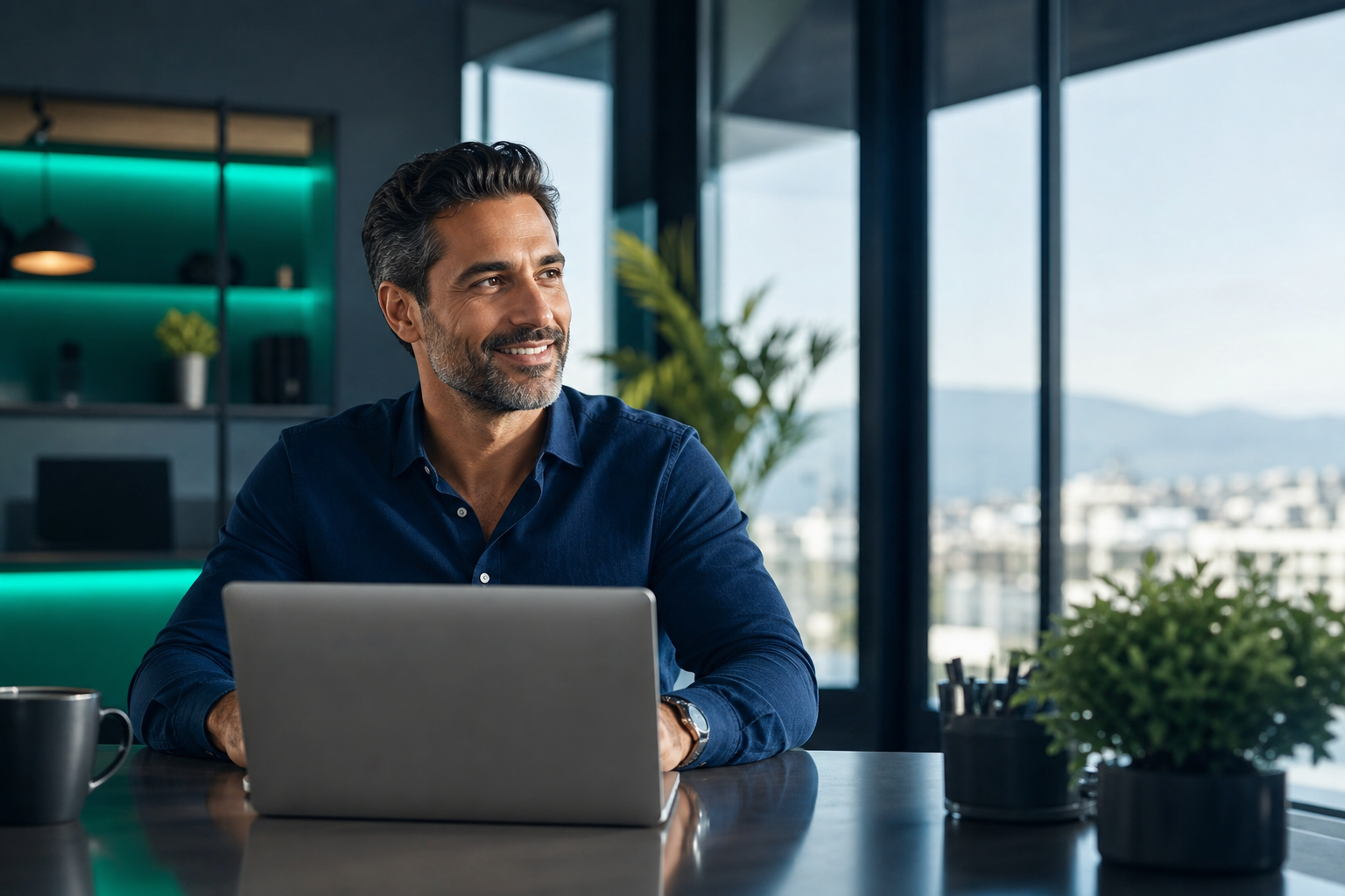 Digital franchise partner εργάζεται με laptop σε σύγχρονο workspace